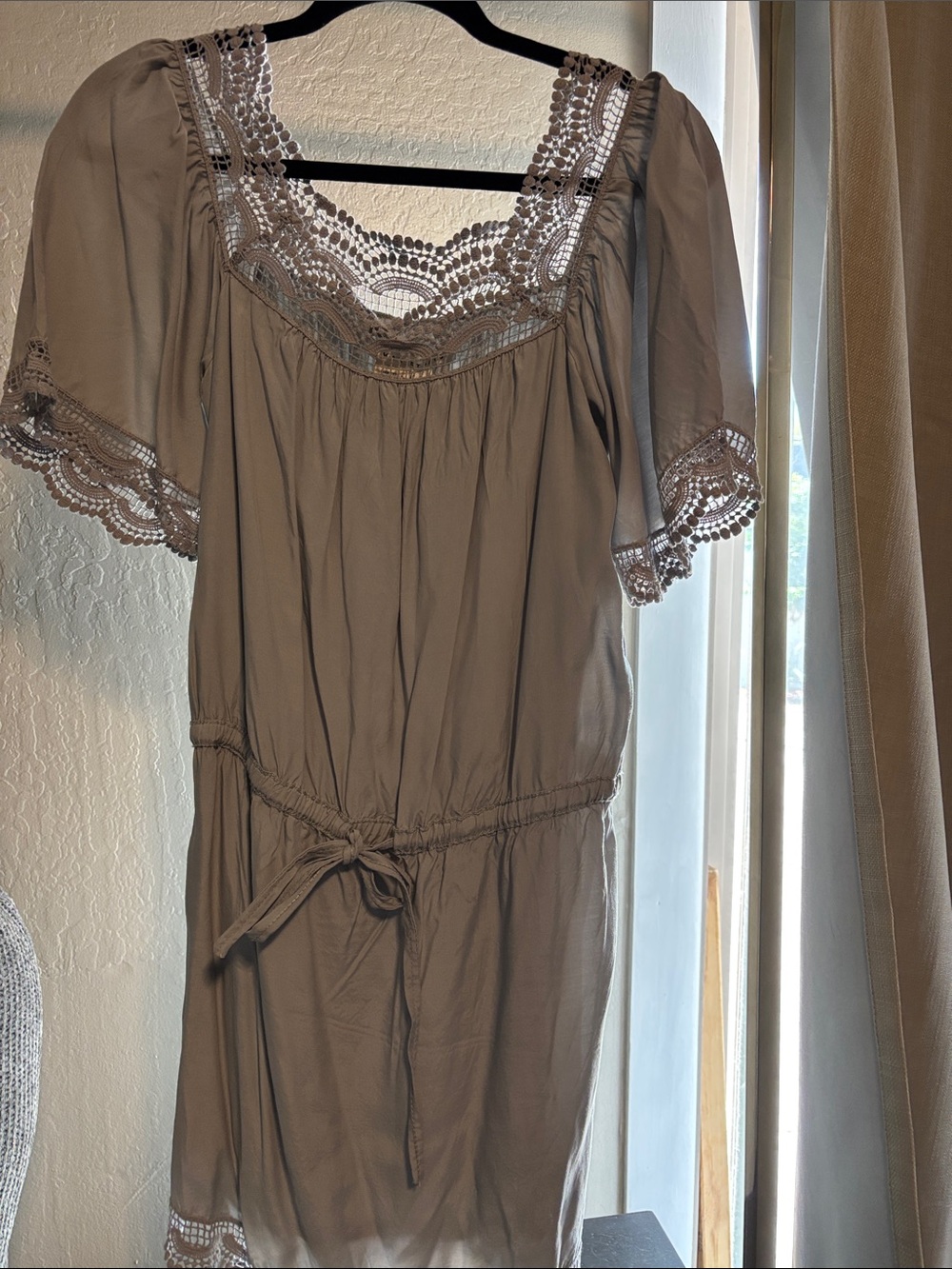 Lace Trim Grey Boho Drawstring Dress-Max Studio